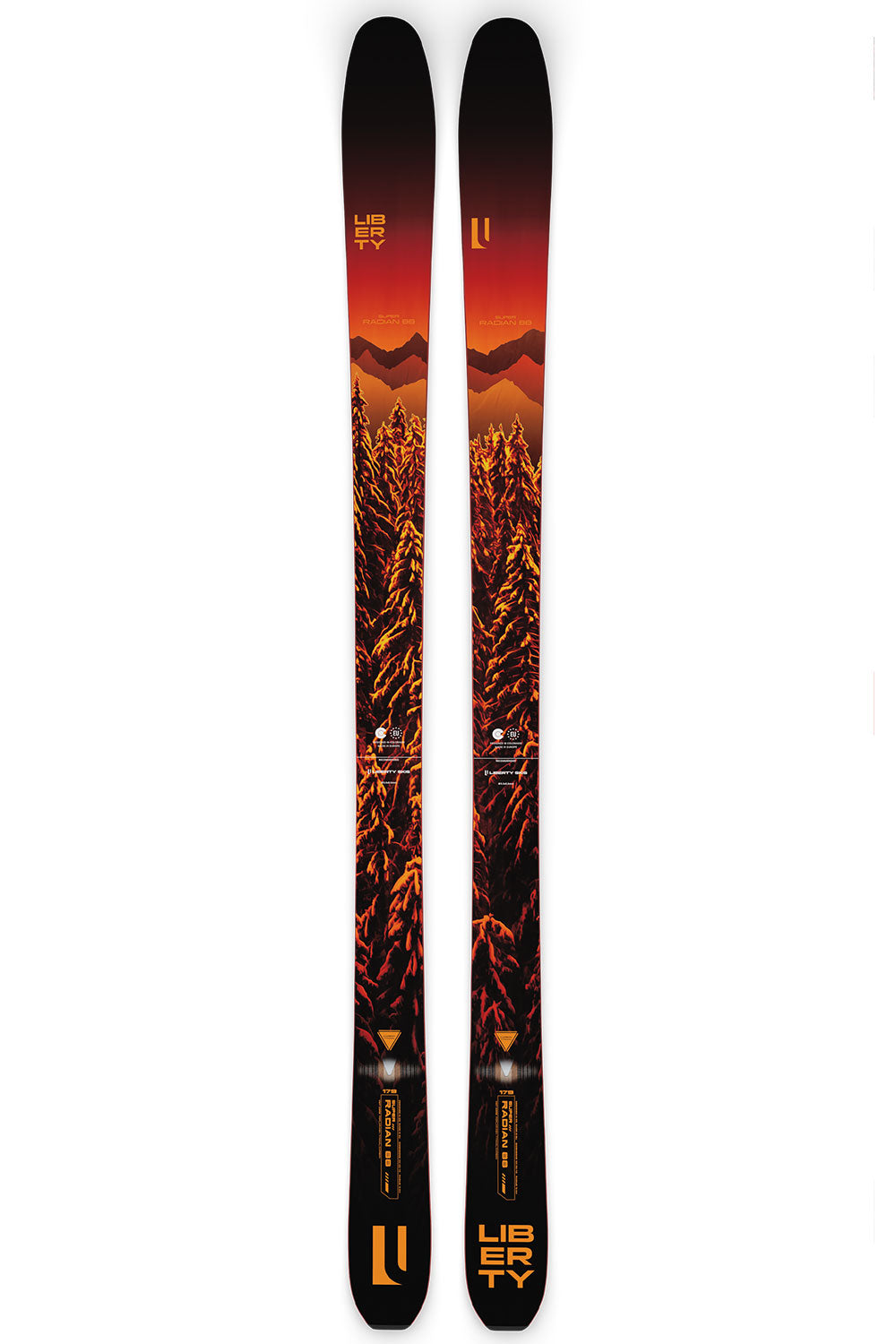 Two skis with a sunset design and Liberty branding on a white background
