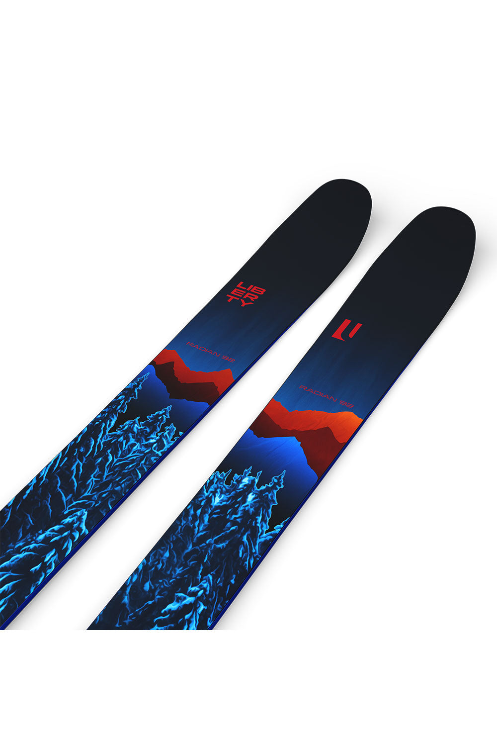 Pair of skis with blue and red design on a white background
