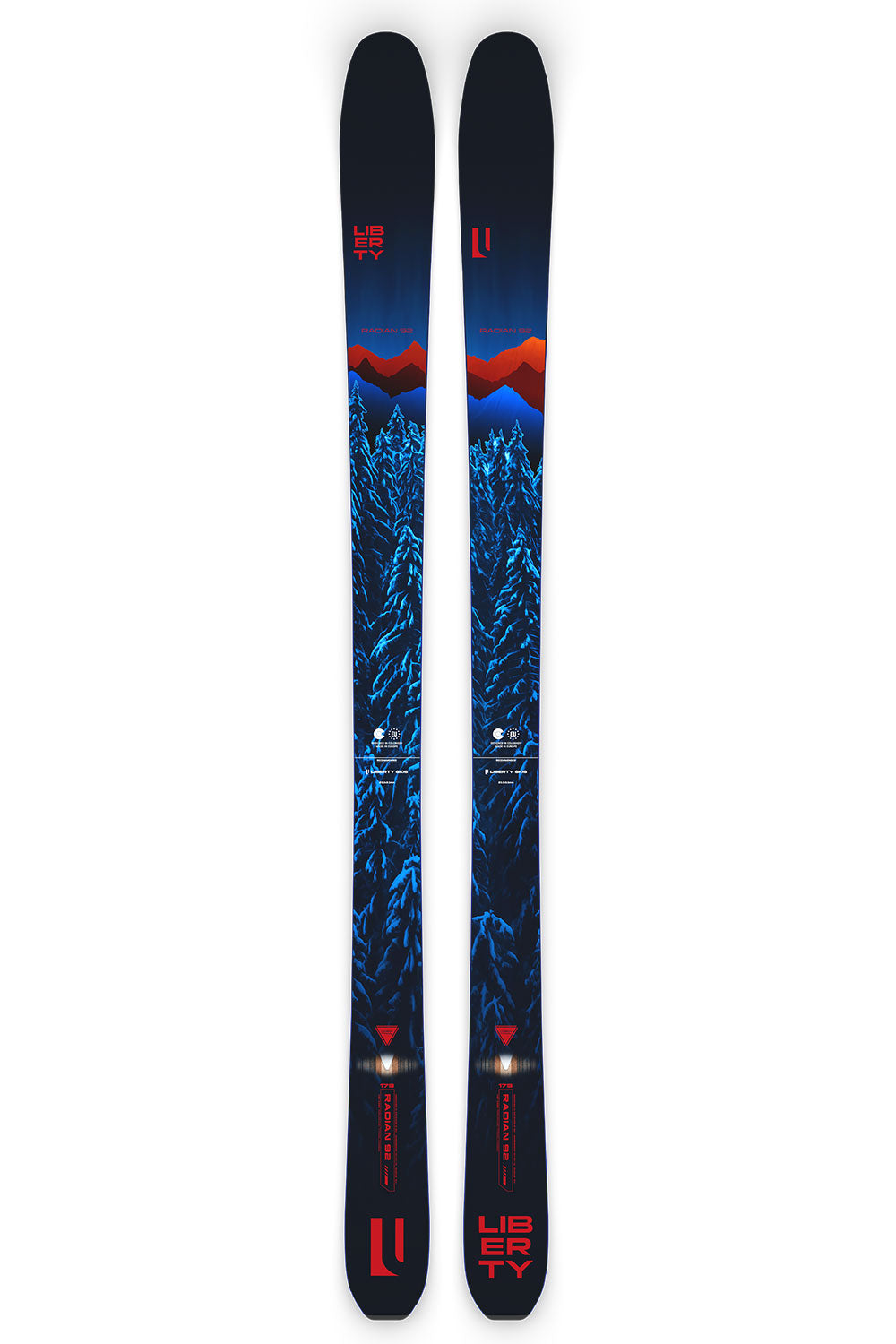 Two skis with a mountain design on a white background