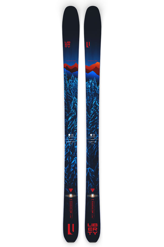 Two skis with a mountain design on a white background