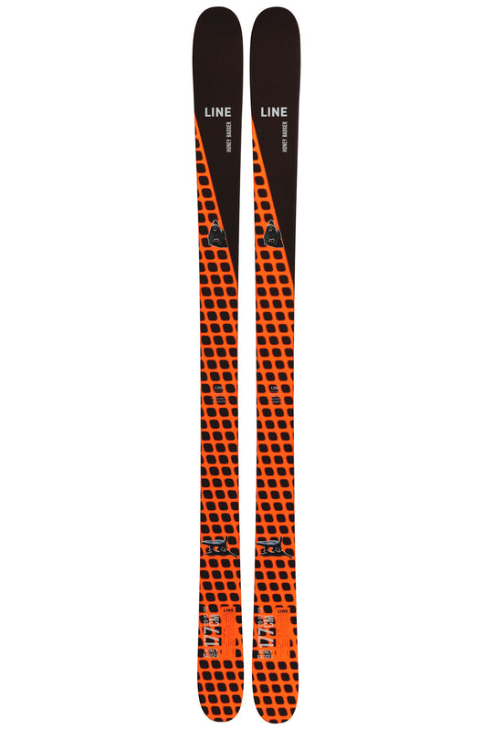Pair of orange and black skis with 'Line' branding on a white background