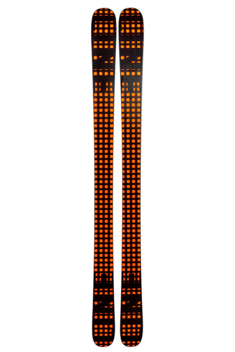 Pair of orange and black skis on a white background