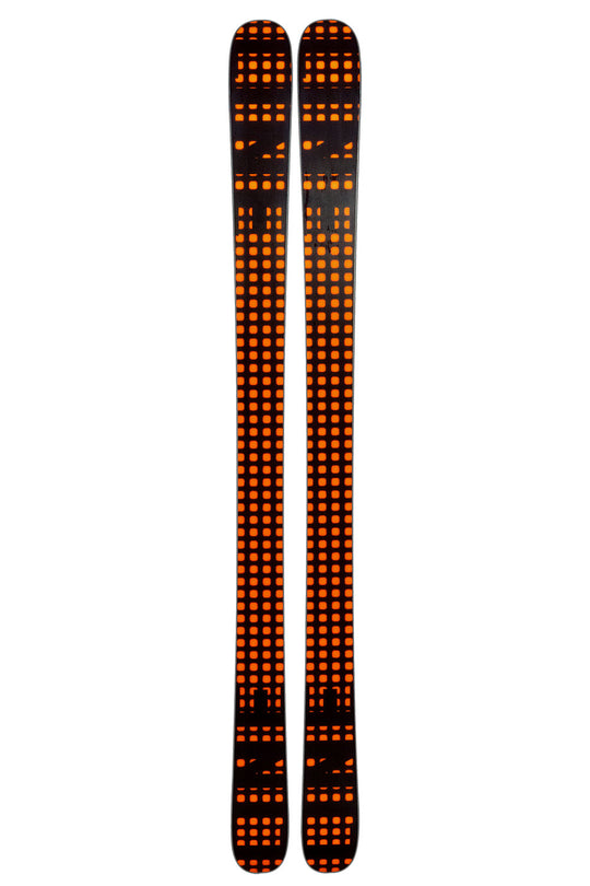 Pair of orange and black skis on a white background