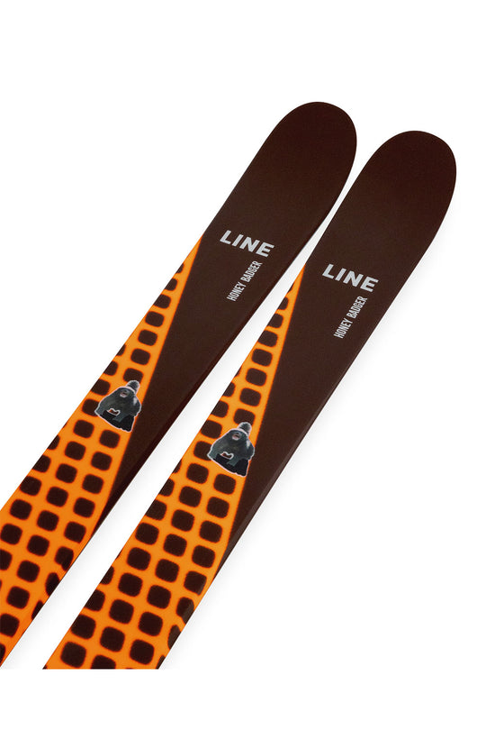 Two skis with orange and black pattern on a white background