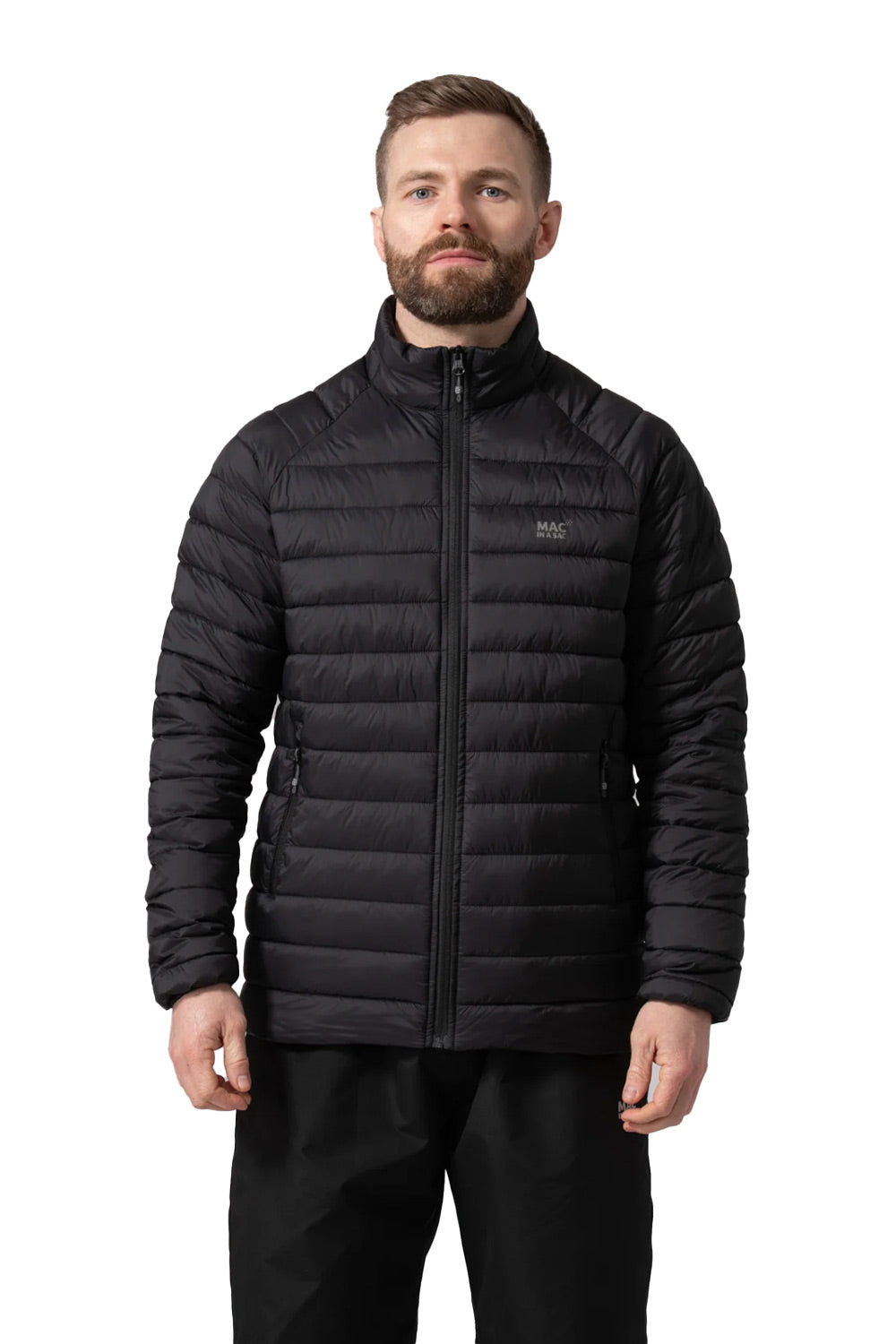 A man wearing a black quilted puffer jacket with a full-zip front and stand-up collar, photographed against a plain white background.