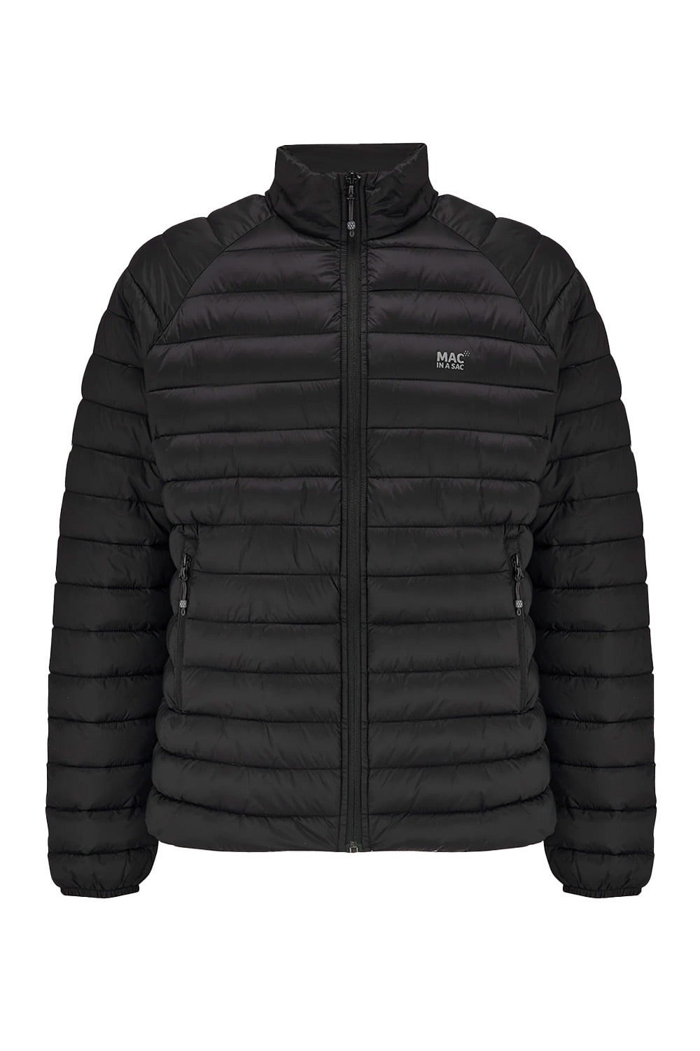 A black puffer jacket with horizontal quilting, a stand-up collar, and a front zipper, featuring a small white 'MSC B.V.