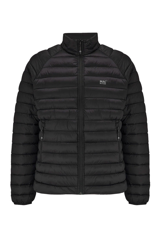 A black puffer jacket with horizontal quilting, a stand-up collar, and a front zipper, featuring a small white 'MSC B.V.