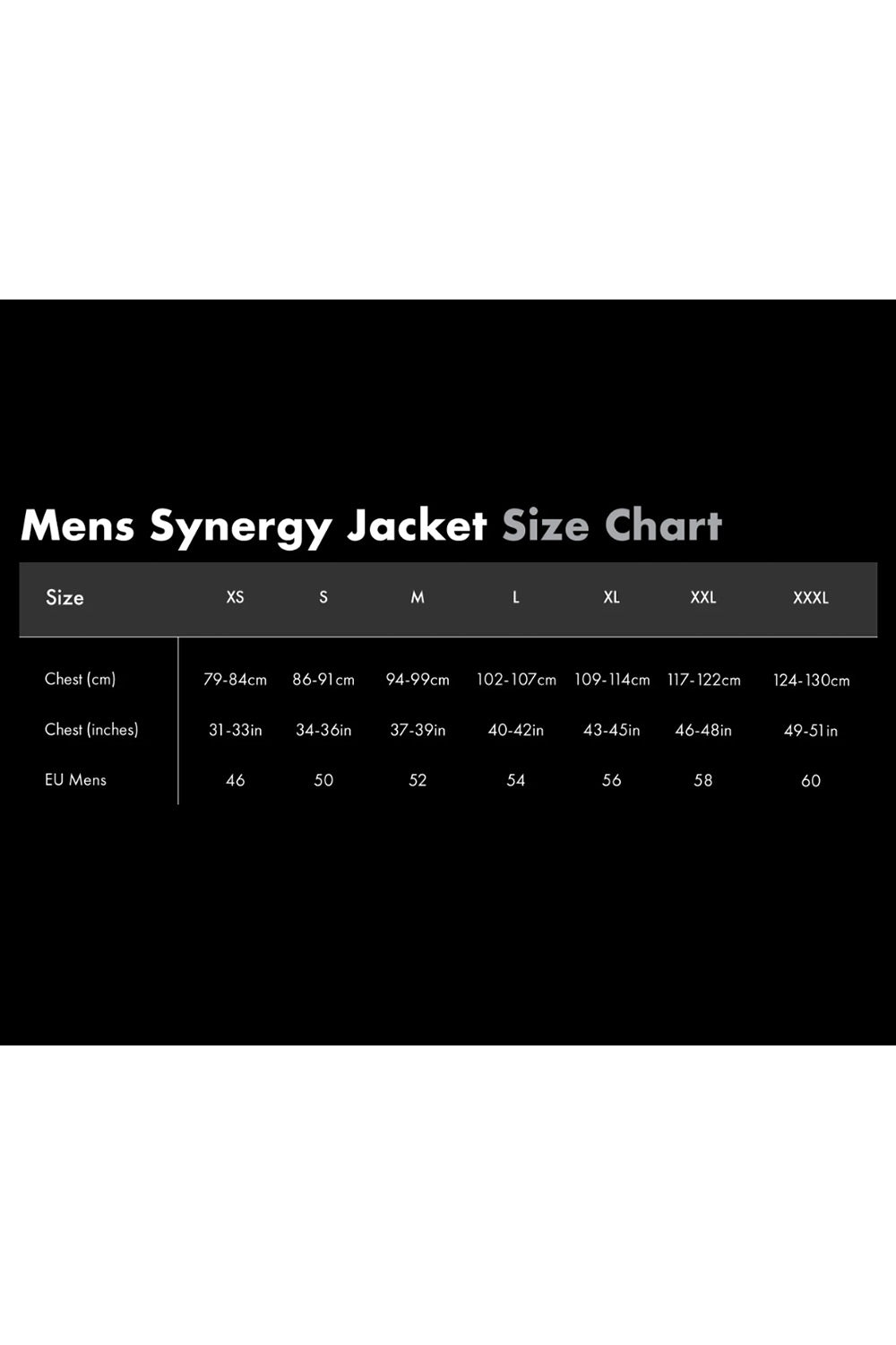 A black size chart graphic titled 'Mens Synergy Jacket Size Chart' with a table listing sizes XS through XXXL, chest measurements in cm and inches, and EU Mens sizes.