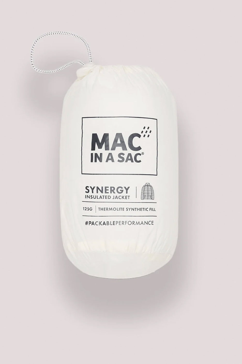 A white Mac in a Sac Synergy insulated jacket packable synthetic fill pouch, shown against a solid pale pink background.