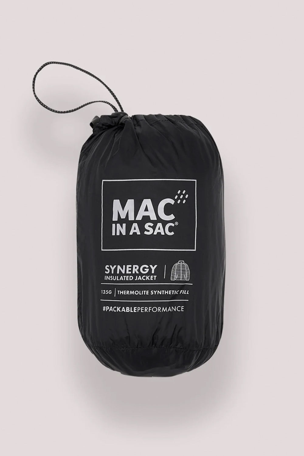 A black drawstring bag with a printed white logo reading 'MAC IN A SAC' and additional product text, shown against a plain light gray background.