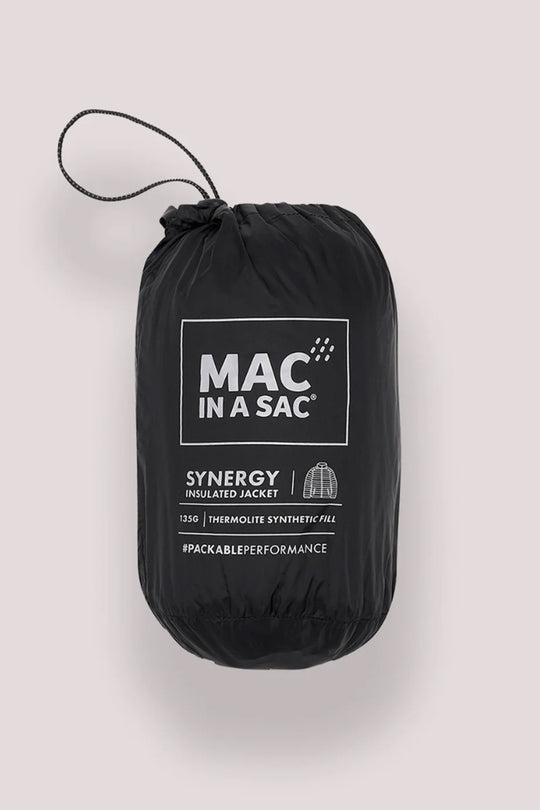 A black drawstring bag with a printed white logo reading 'MAC IN A SAC' and additional product text, shown against a plain light gray background.
