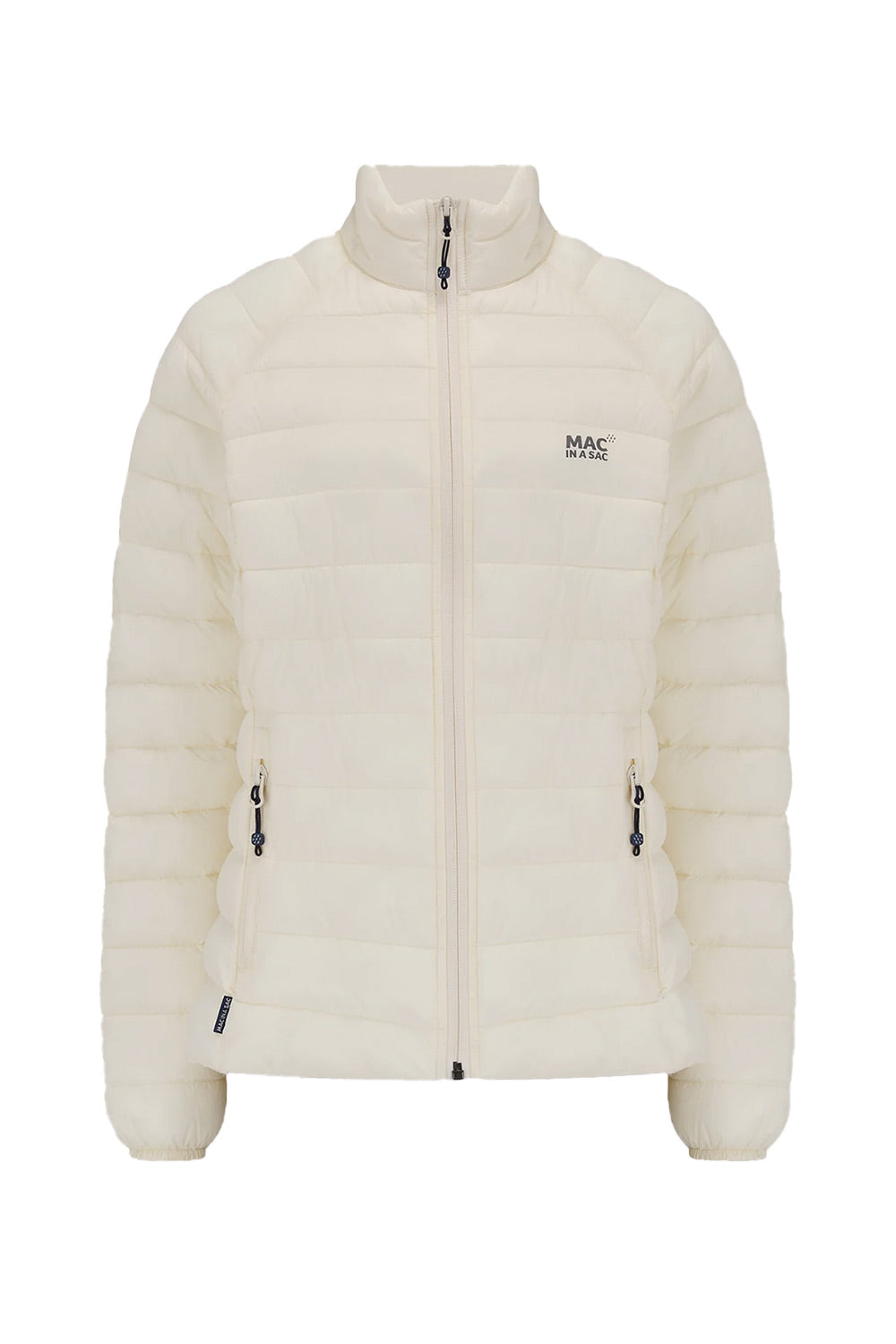 An off-white puffer jacket with horizontal quilting, a full-zip front, and a small black 'MAC IN A SAC' logo on the left chest, shown against a plain white background.