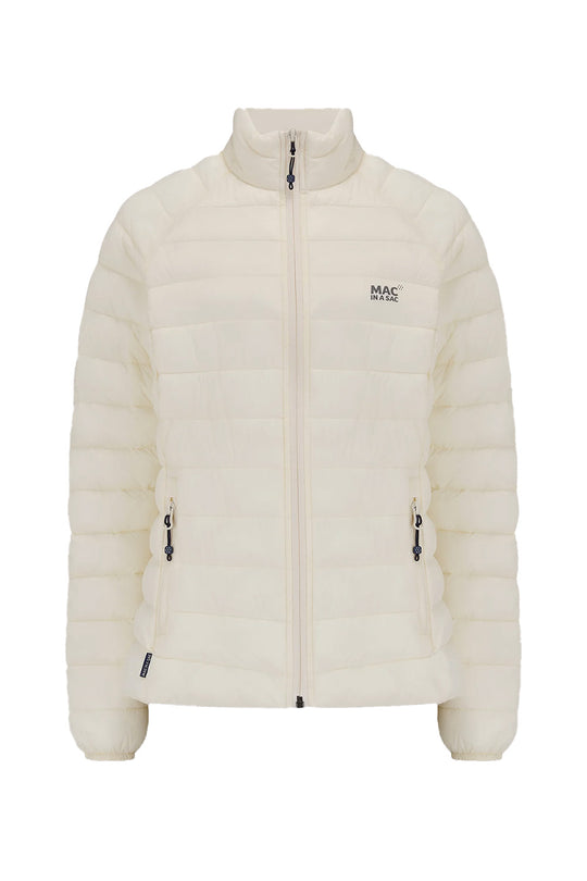 An off-white puffer jacket with horizontal quilting, a full-zip front, and a small black 'MAC IN A SAC' logo on the left chest, shown against a plain white background.