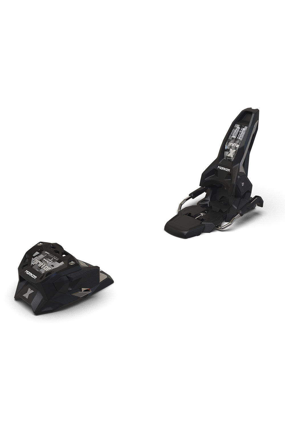 Two black ski bindings on a white background