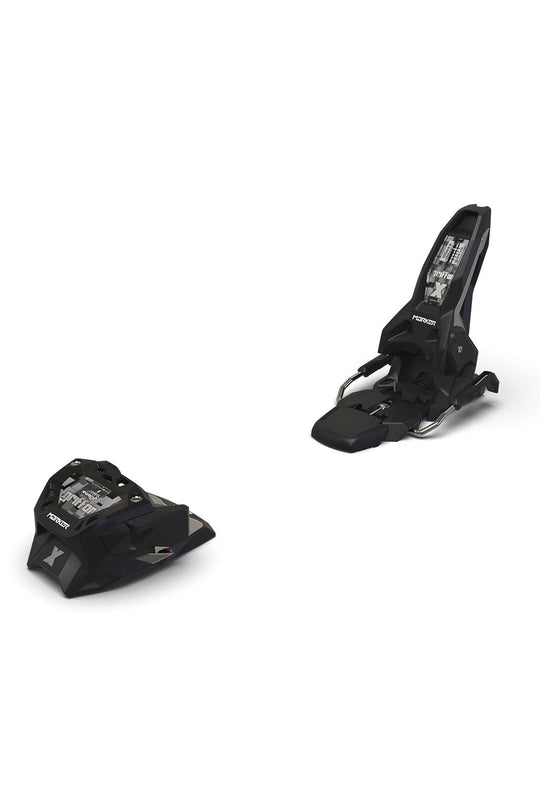 Two black ski bindings on a white background