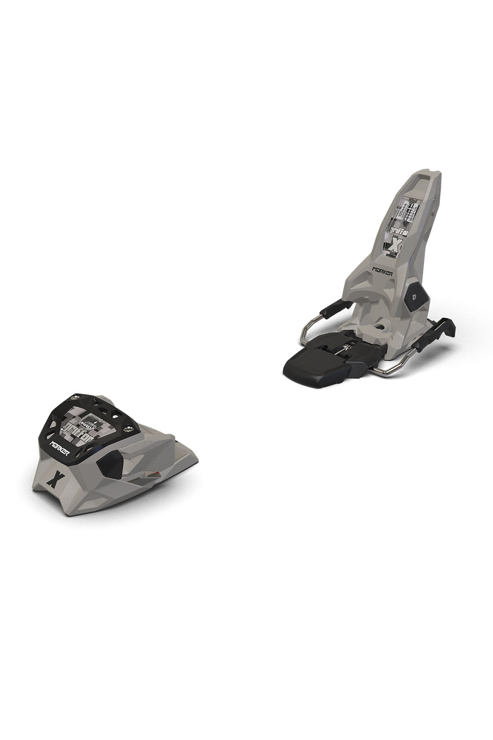 Two ski bindings on a white background