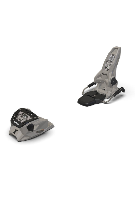 Two ski bindings on a white background