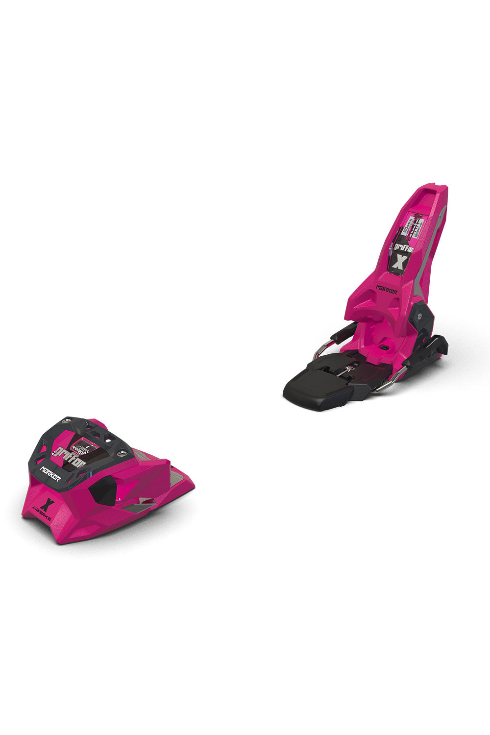Pink ski bindings on a white background