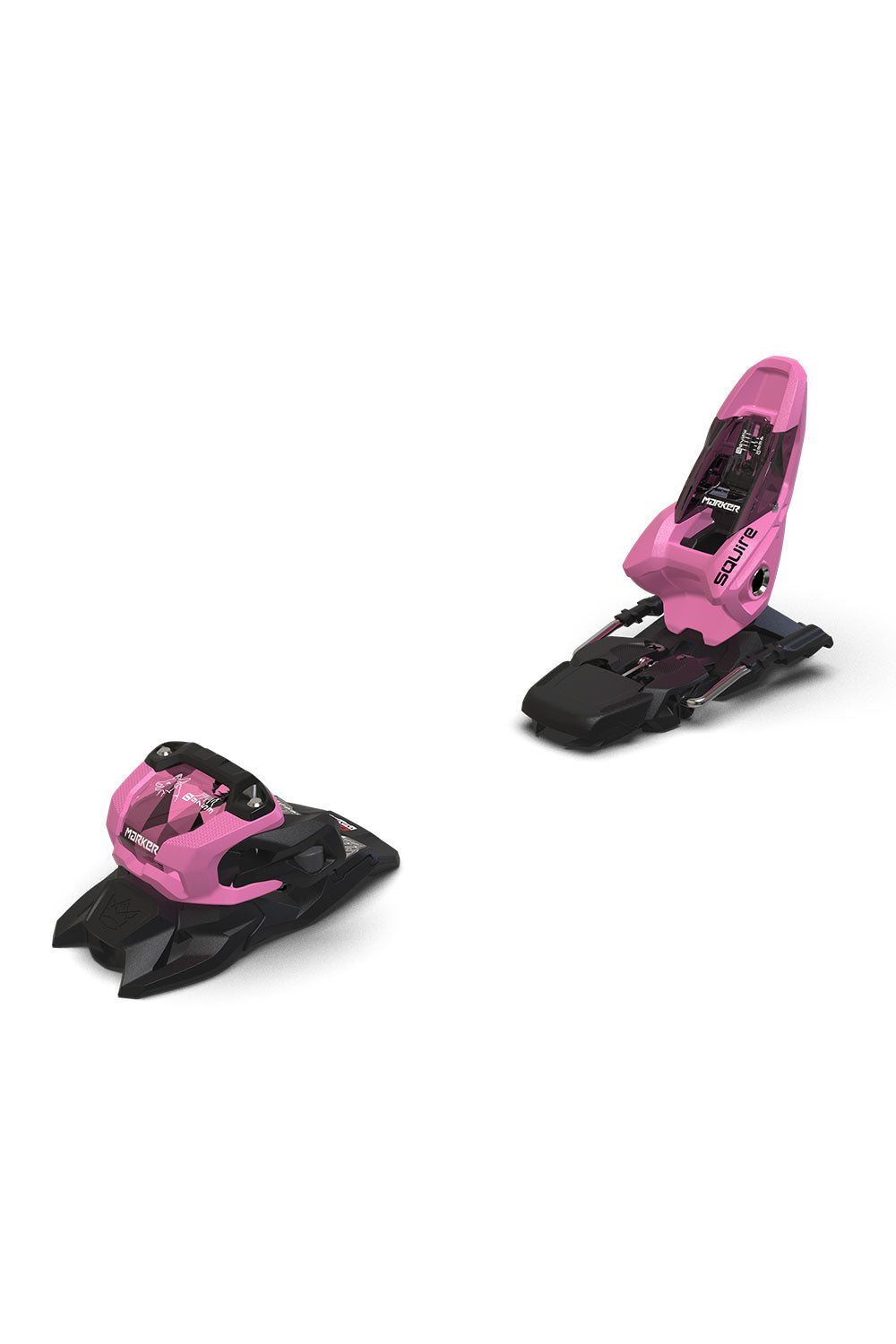 Two pink and black ski bindings on a white background