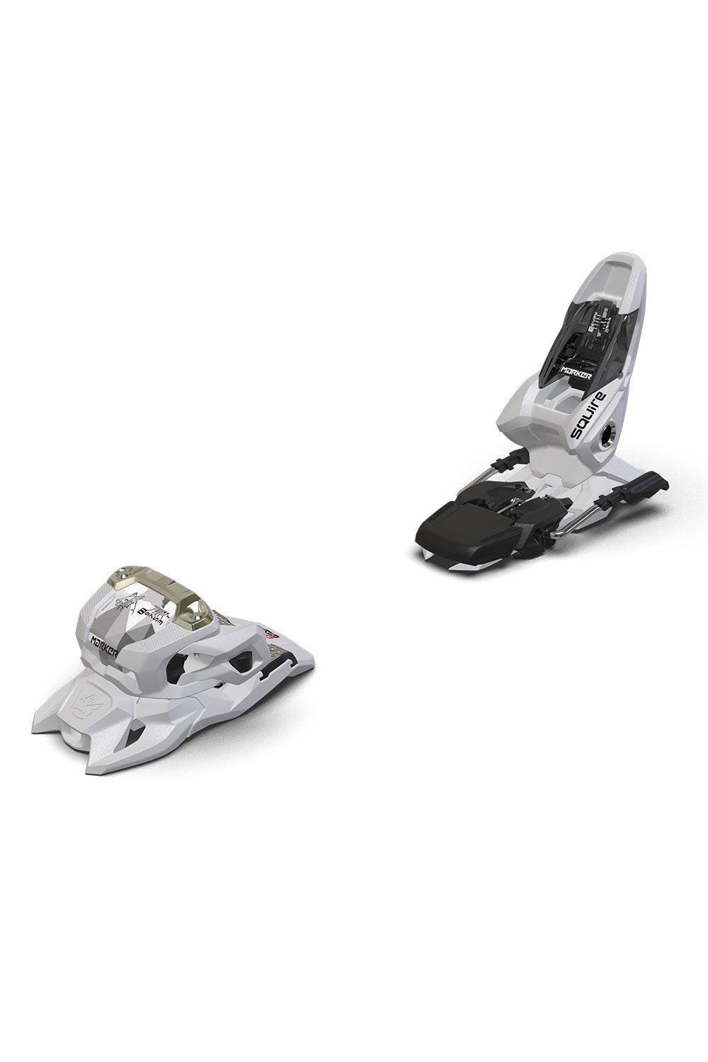 Two ski bindings on a white background
