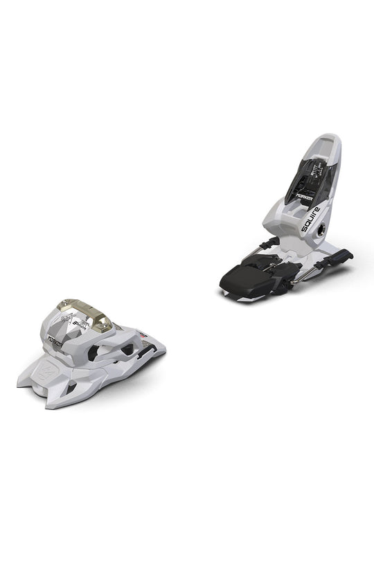 Two ski bindings on a white background