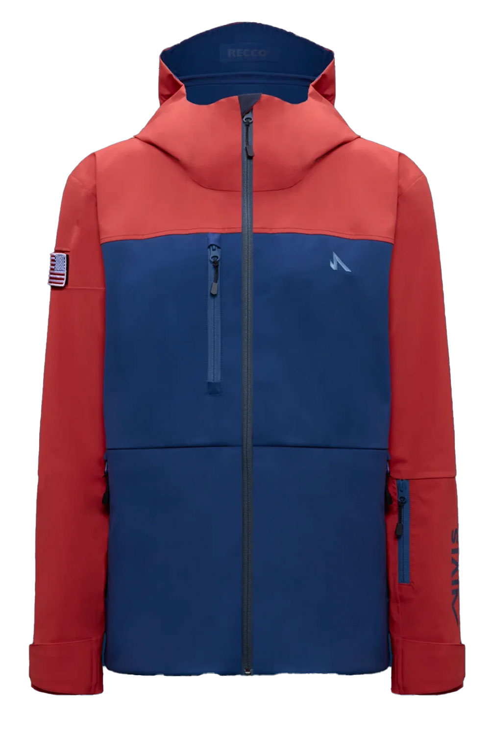 Red and blue jacket with a hood on a white background