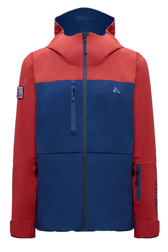 Red and blue jacket with a hood on a white background