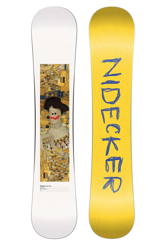 Nidecker snowboard with artistic design and brand name on a white background