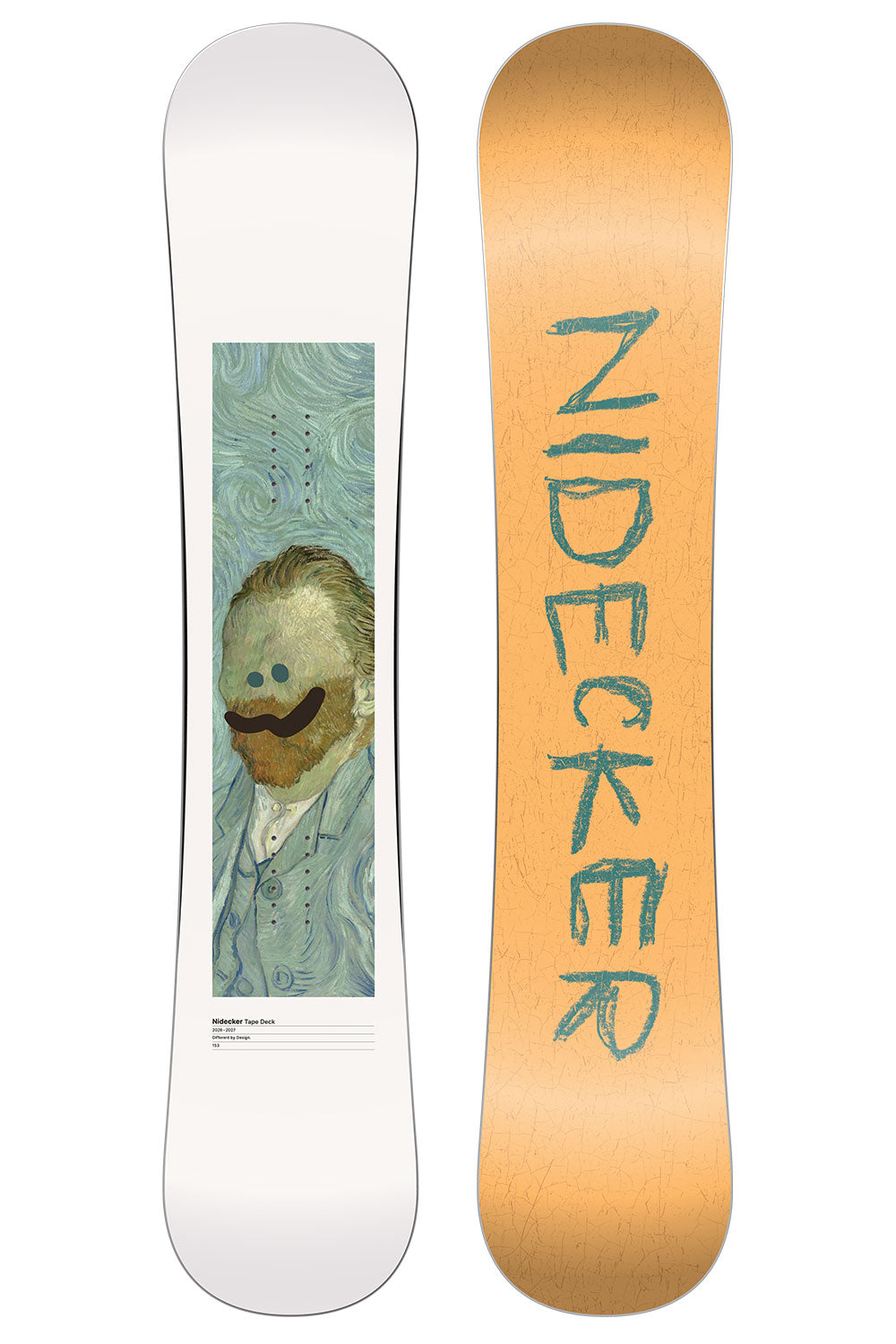 Two snowboards, one with a white base and the other with a wooden finish and 'Nidecker' branding.