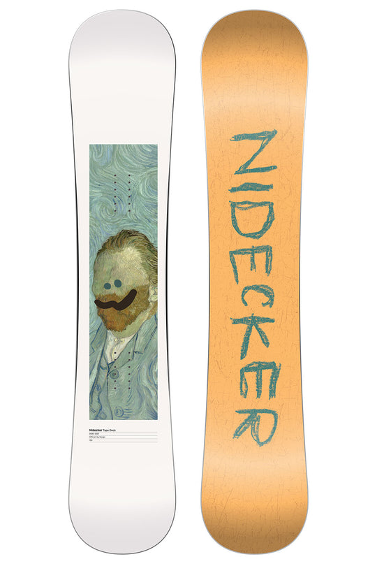 Two snowboards, one with a white base and the other with a wooden finish and 'Nidecker' branding.