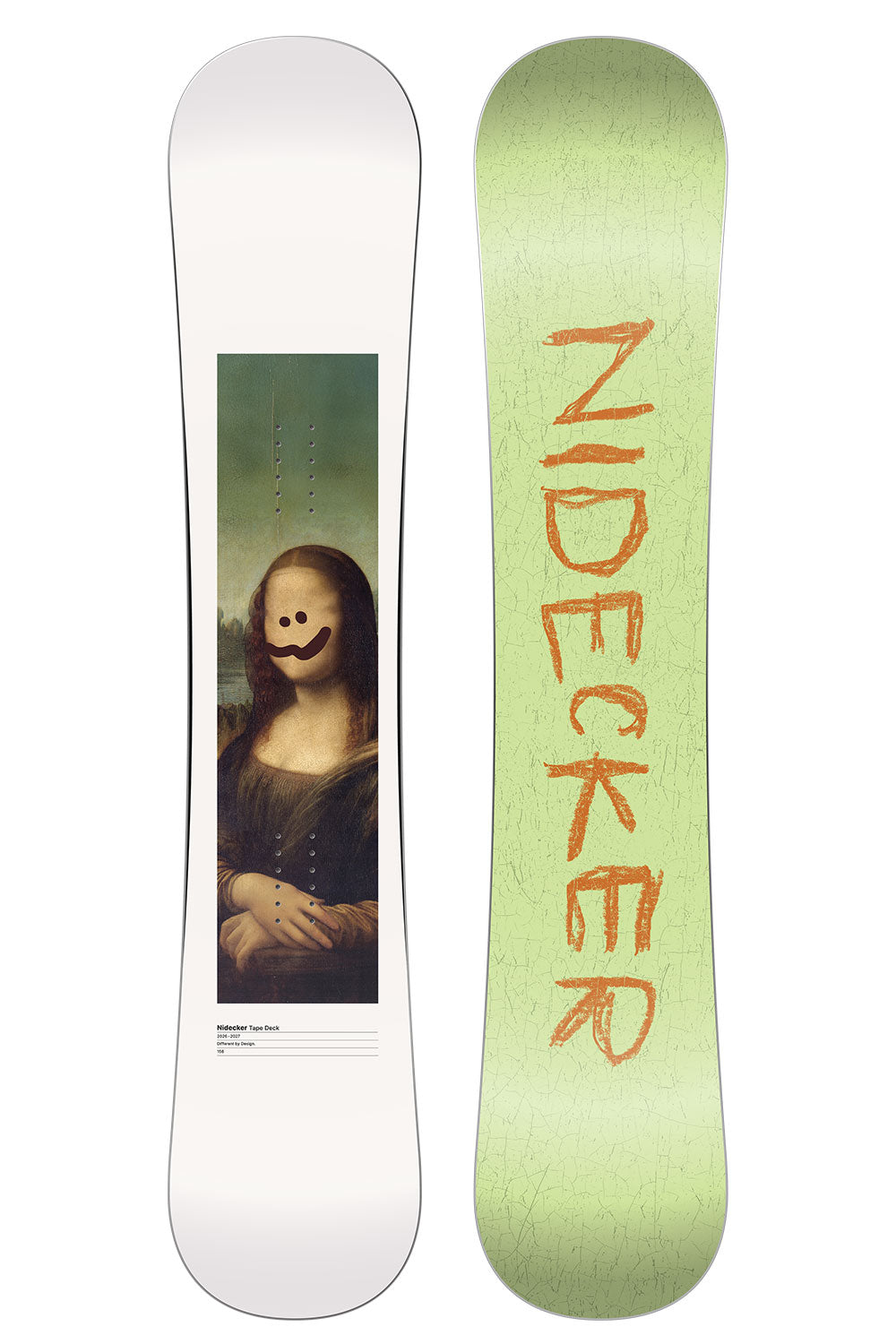 Snowboard with Mona Lisa parody graphic and 'Nidecker' branding on a white background