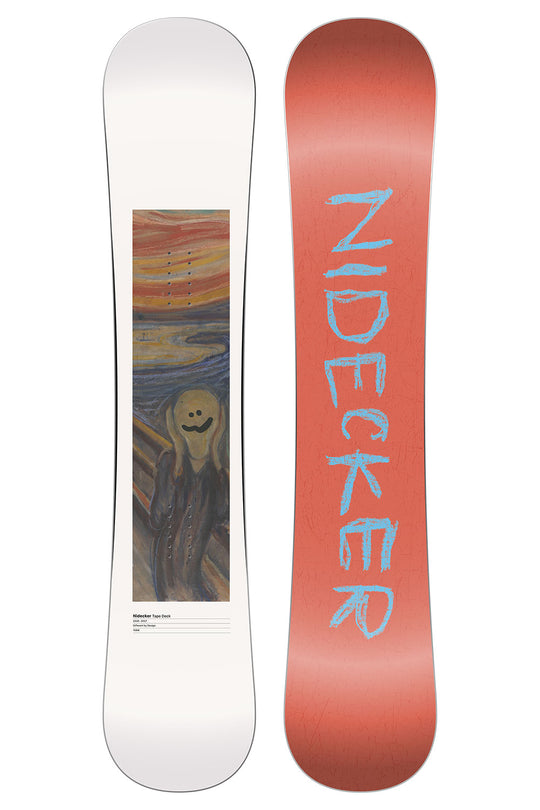 Two views of a Nidecker snowboard with a white and red design.