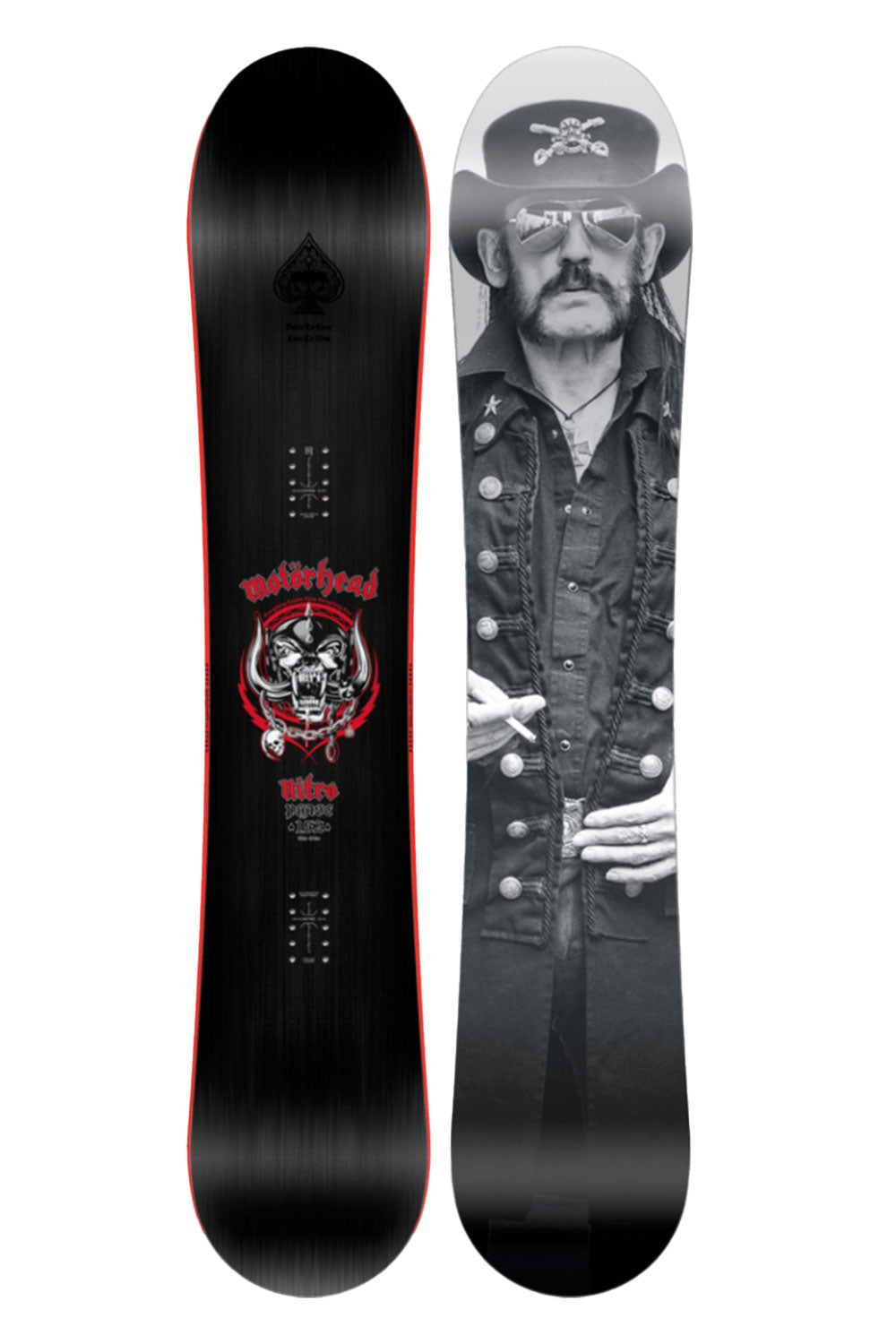 Snowboard with a graphic design of a person and text on a white background