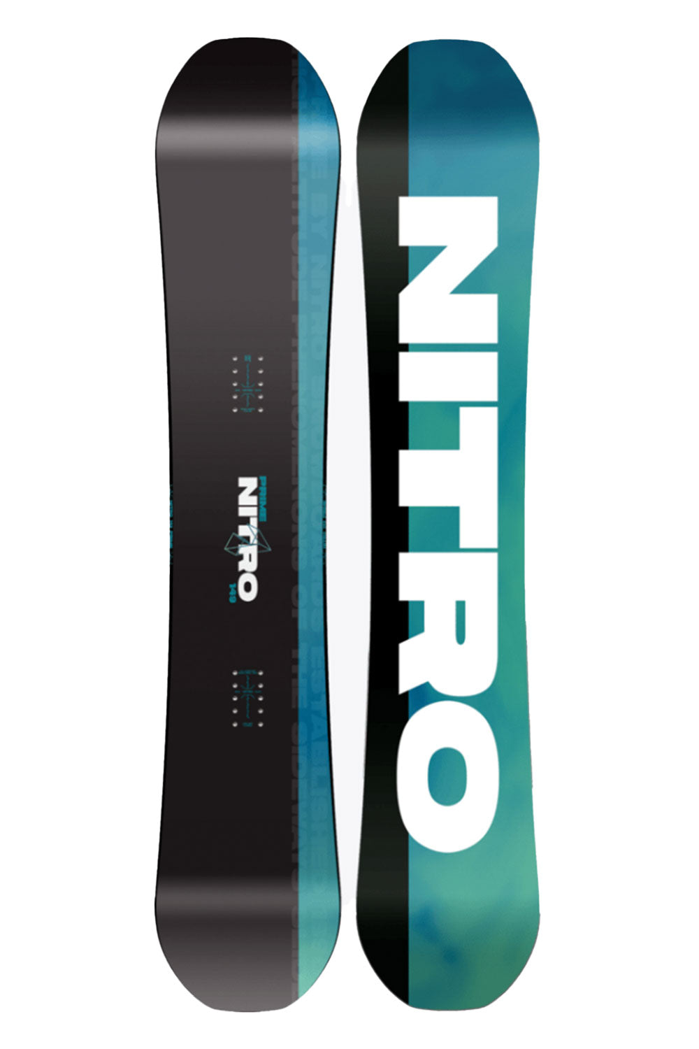 Two Nitro snowboards, one black and blue, the other green and blue, on a white background.