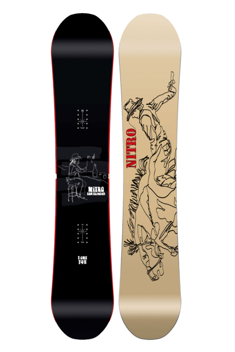 Two snowboards, one black and one beige with a graphic design, on a white background.