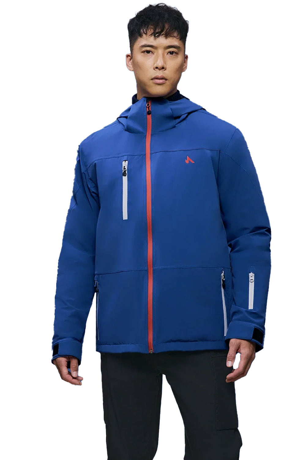 Person wearing a blue jacket with a red zipper on a white background
