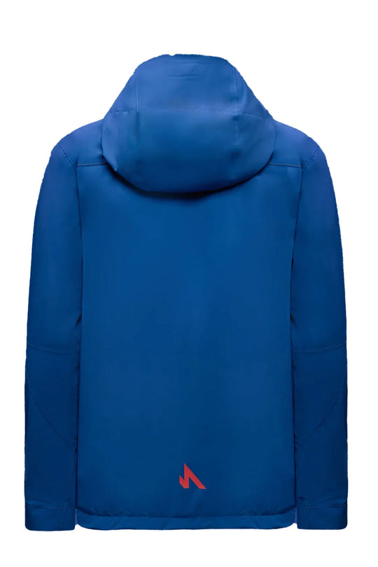 Blue jacket with a red logo on the back against a white background