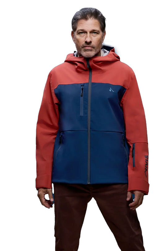 Man wearing a red and blue jacket on a white background