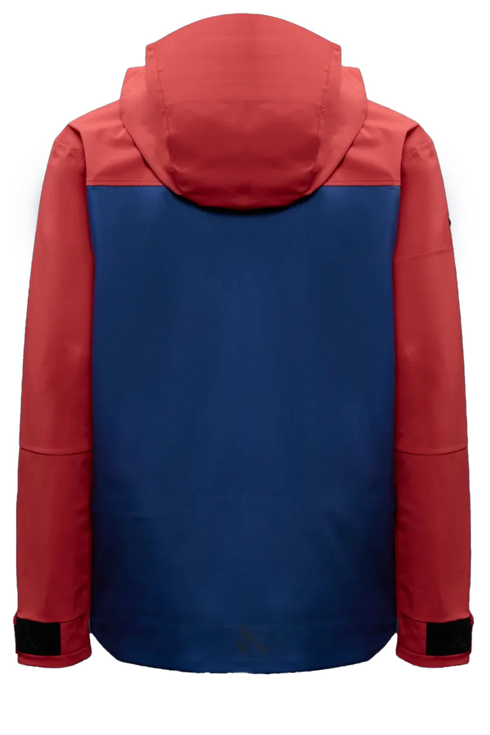 Red and blue jacket with hood on a white background