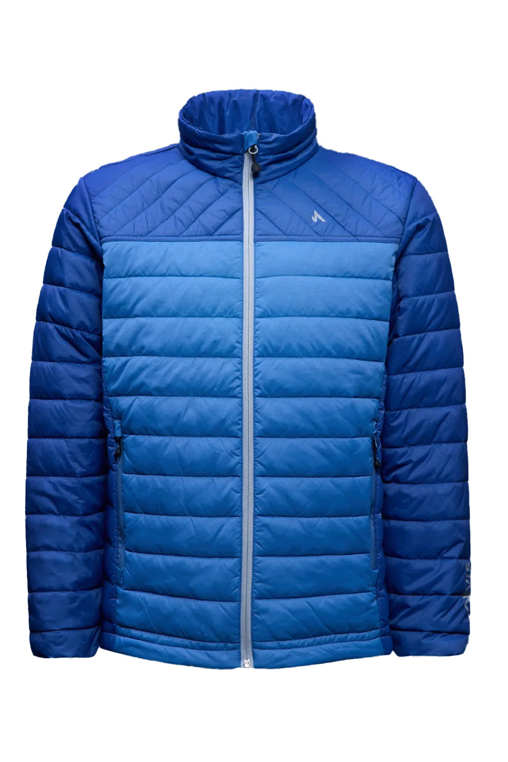 A blue quilted puffer jacket with a high stand-up collar, front zipper, and zippered hand pockets, shown against a plain white background.