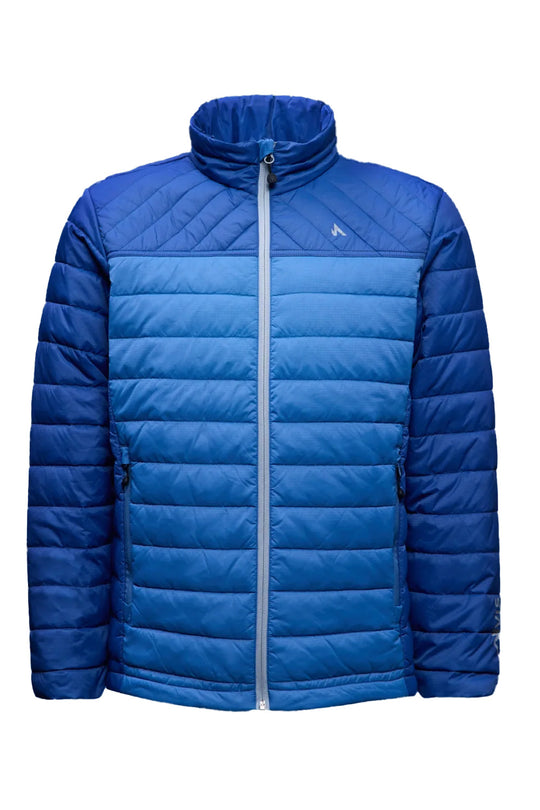 A blue quilted puffer jacket with a high stand-up collar, front zipper, and zippered hand pockets, shown against a plain white background.