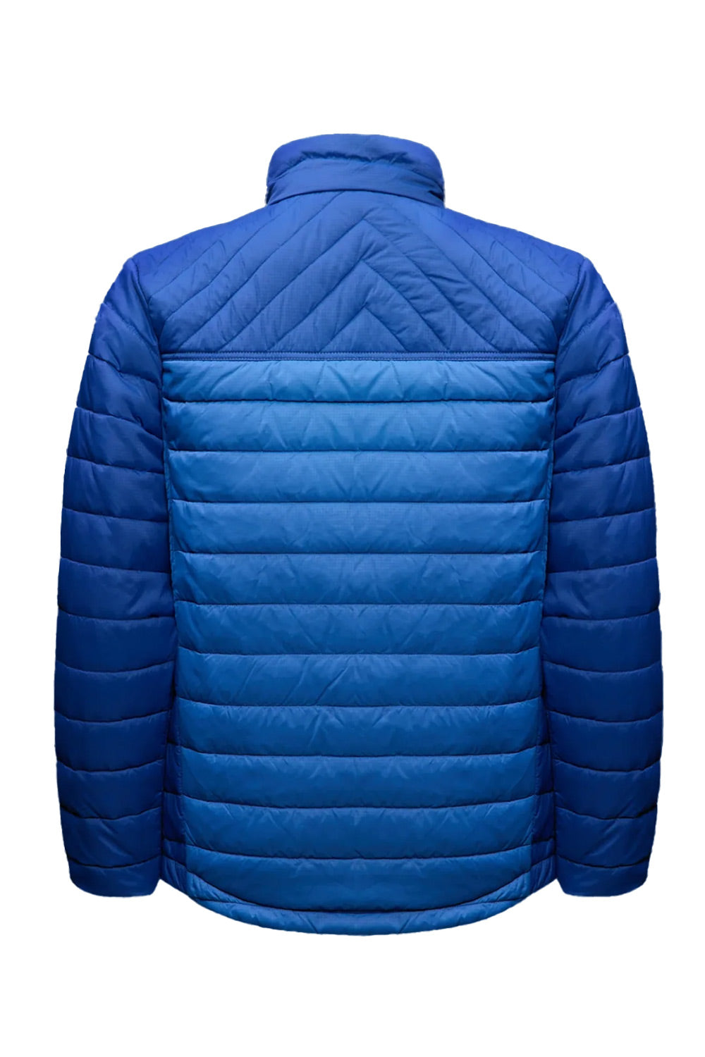A royal blue quilted puffer jacket shown from the back, featuring horizontal stitching on the body and vertical quilting on the sleeves and collar, set against a plain white background.