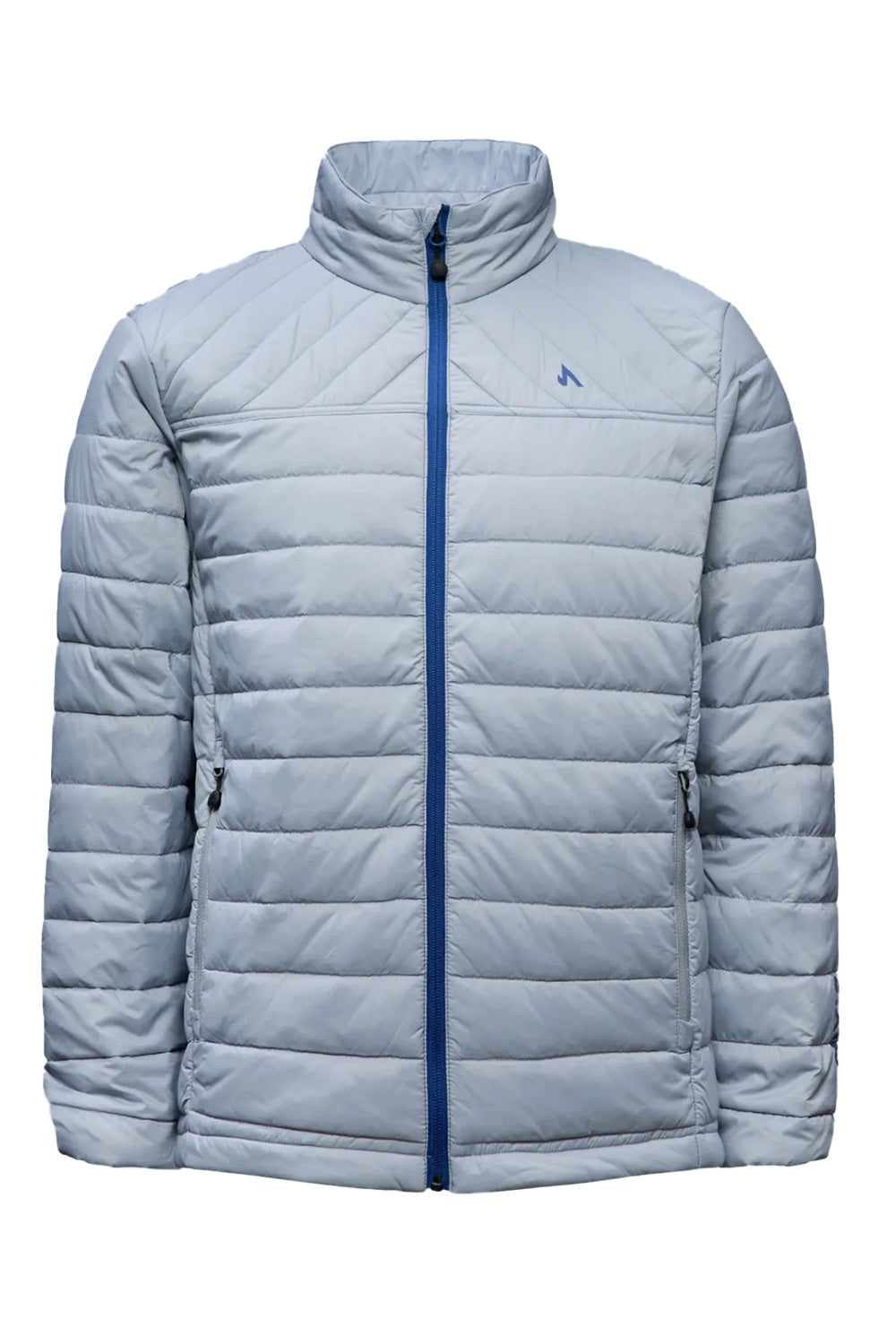 A light gray quilted puffer jacket with a blue front zipper and a small blue logo on the left chest, shown against a plain white background.