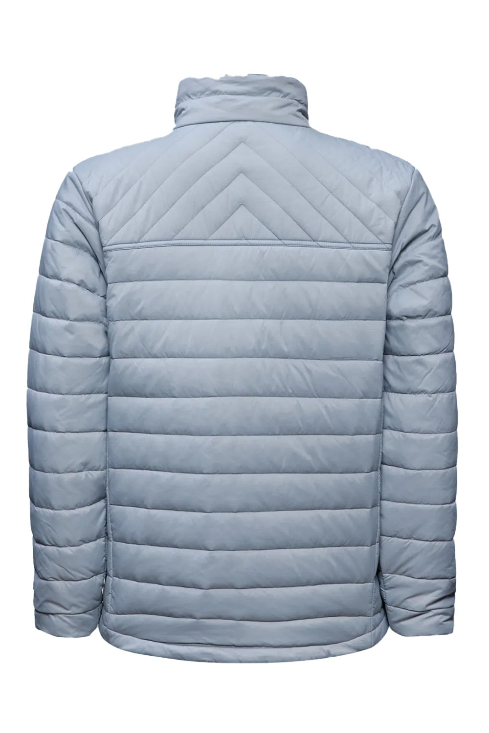 A light blue-gray quilted puffer jacket shown from the back, featuring horizontal stitching and a chevron pattern on the upper back, set against a plain white background.
