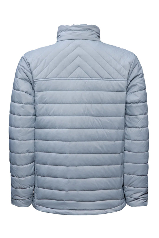 A light blue-gray quilted puffer jacket shown from the back, featuring horizontal stitching and a chevron pattern on the upper back, set against a plain white background.