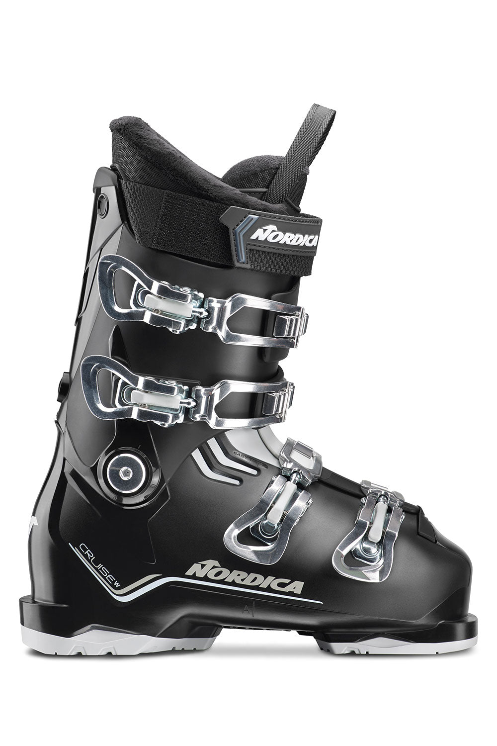 Black Nordica ski boot with silver buckles on a white background