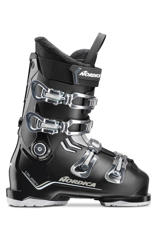 Black Nordica ski boot with silver buckles on a white background