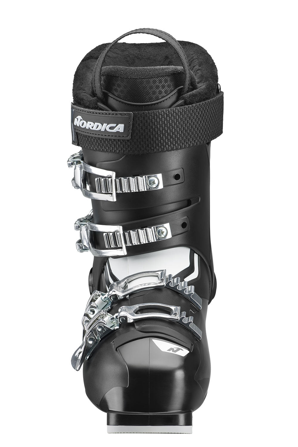 Black ski boot with silver buckles on a white background