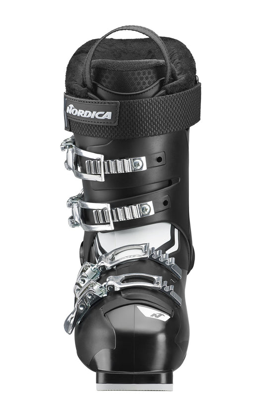 Black ski boot with silver buckles on a white background