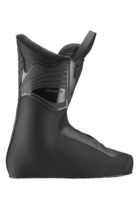 Black ski boot with brand logo on a white background
